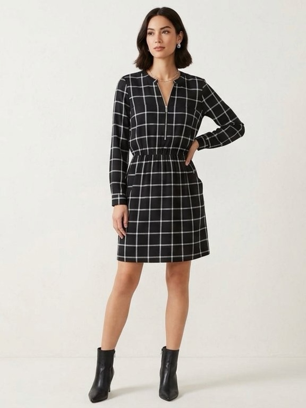 Banana Republic Black and White Windowpane Long-Sleeve Dress